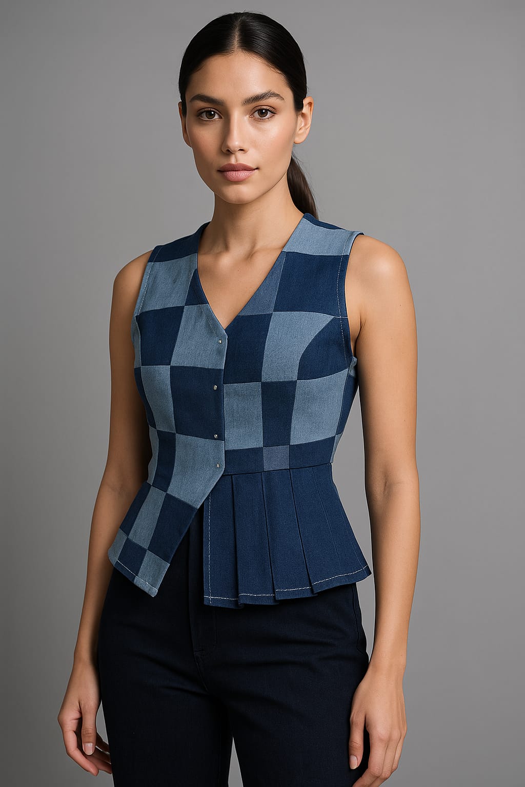 Checkered Sculpt Denim Top