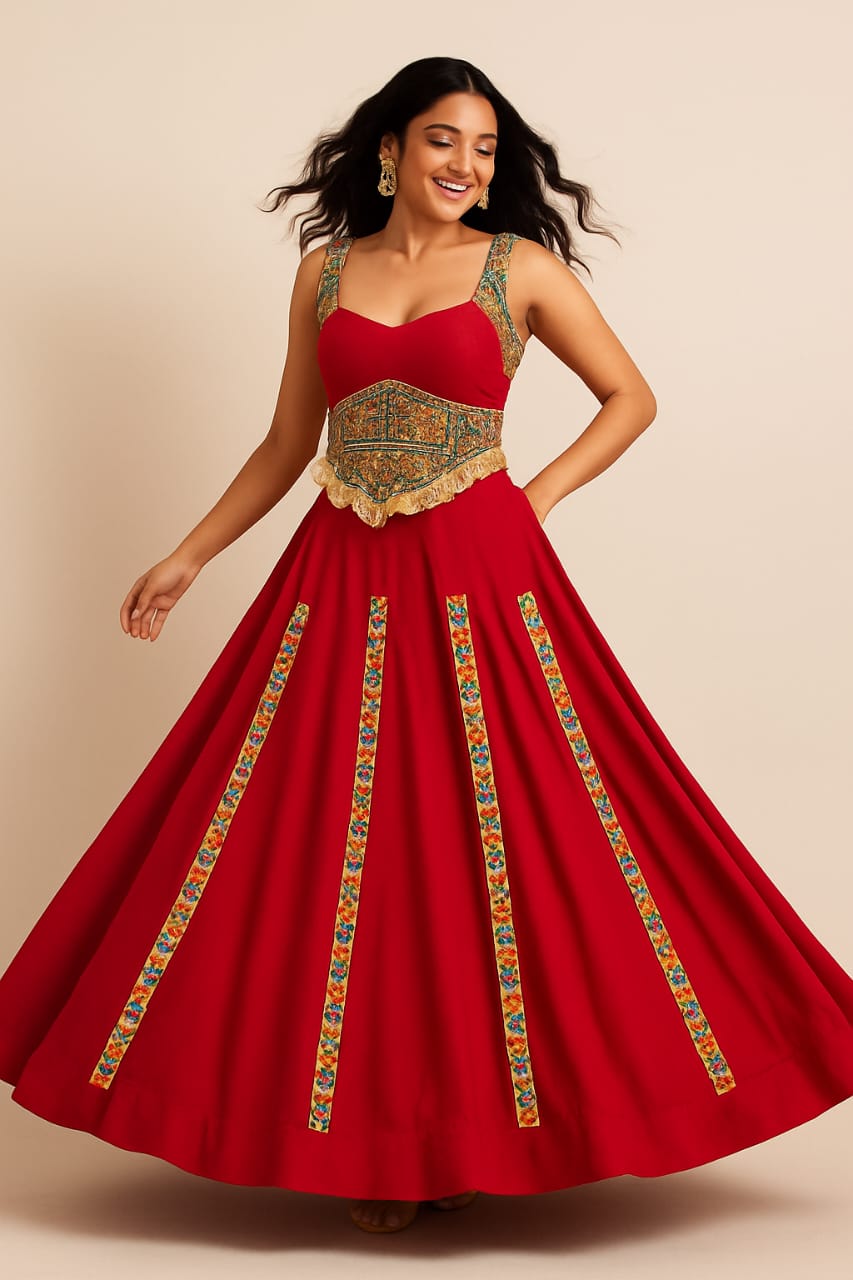 Red Boho Embellished lehenga