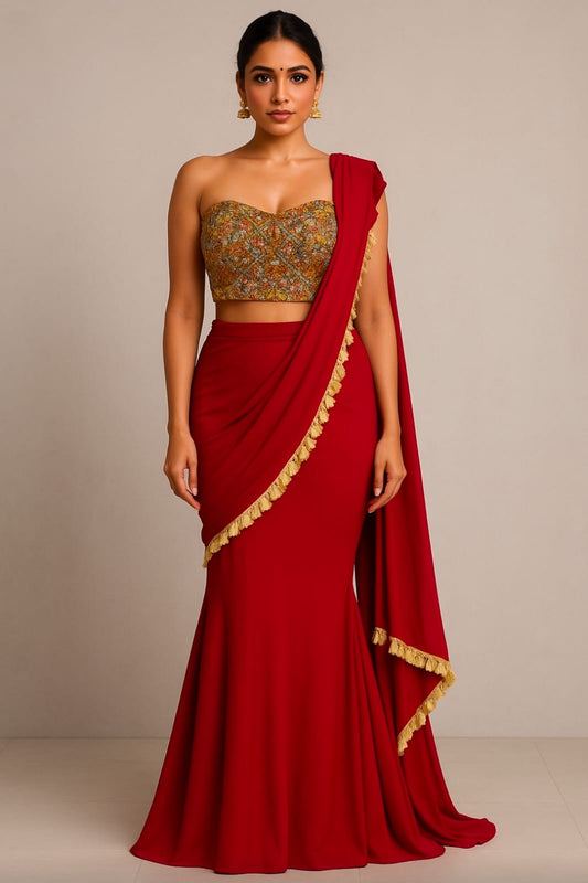 Red Regal Drape Saree Set