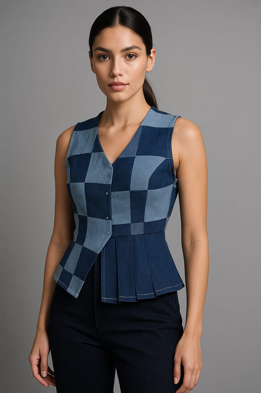 Checkered Sculpt Denim Top